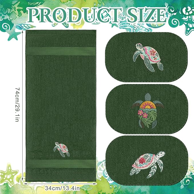 3 Pack Hibiscus Sea Turtle Beach Hand Towels for Bathroom 100% Cotton Embroidered Coastal Bathroom Towels 13.78 x 29.53'' Soft Absorbent Ocean Bath Towel Gift for Holiday Summer, Olive Green