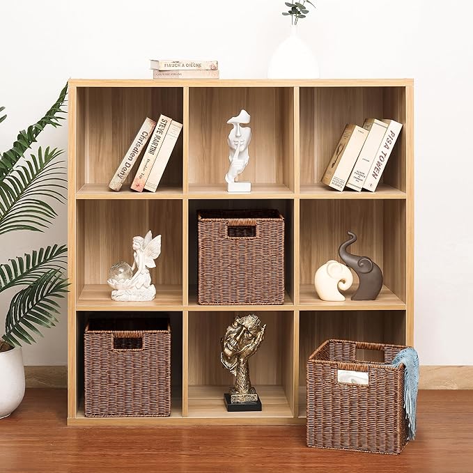 11X11X11in Brown Plastic Wicker Storage Basket, Foldable Cube Woven Storage Basket for Shelves, 11x11 Cube Storage Bins Set of 3, Wicker Storage Baskets for Laundry Nursery Room