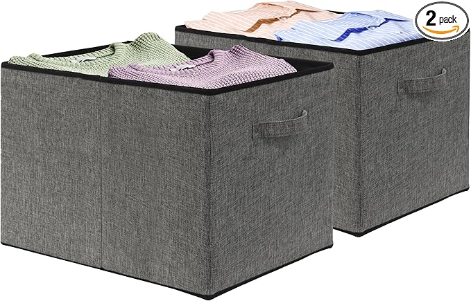 Simple Houseware 15 x 13 Inch Collapsible Fabric Storage Bin with Handles, 2 Pack, Dark Gray