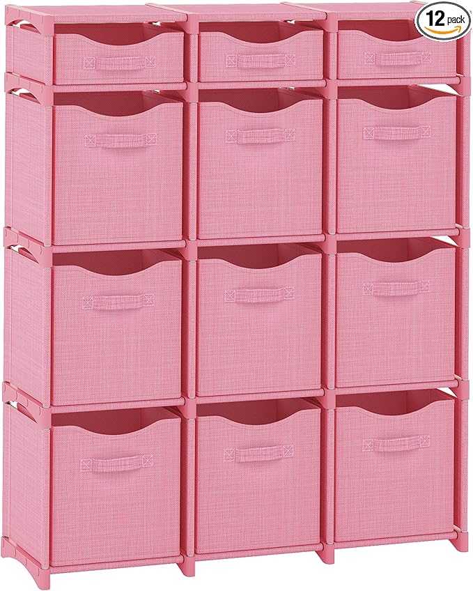 12 Cube Storage Organizer With Bins Included - Closet Storage With 12 Storage Bins - Easy To Assemble Storage Unit With Drawers - Closet Organization For Clothes, Bedroom, Nursery, & Toys (Pink)