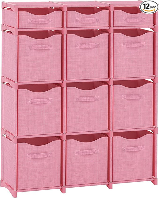 12 Cube Storage Organizer With Bins Included - Closet Storage With 12 Storage Bins - Easy To Assemble Storage Unit With Drawers - Closet Organization For Clothes, Bedroom, Nursery, & Toys (Pink)