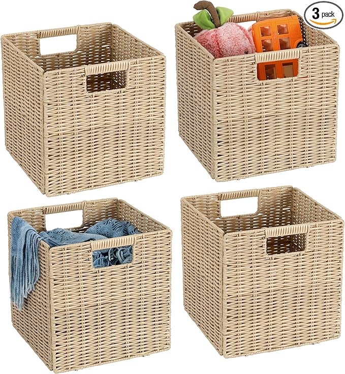 TAIMEI&G02 10.5 x 10.5 in Plastic Wicker Baskets for Cube Storage, Collapsible Square Wicker Storage Basket Set of 4, Rattan Storage Cube, Square Baskets for Shelves - Beige
