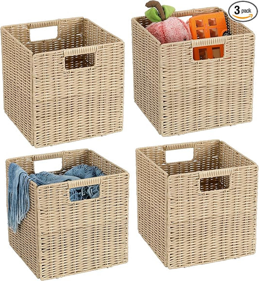 TAIMEI&G02 10.5 x 10.5 in Plastic Wicker Baskets for Cube Storage, Collapsible Square Wicker Storage Basket Set of 4, Rattan Storage Cube, Square Baskets for Shelves - Beige