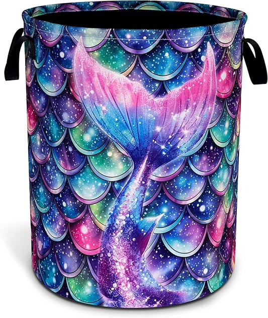 Mermaid Tail Scales Laundry Basket Oxford Cloth Colorful Fish Scales Laundry Hamper With Handle Foldable Portable Clothes Storage Basket 18.9 X 16.5 In Storage Bag For Laundry Room/Bathroom/Bedroom