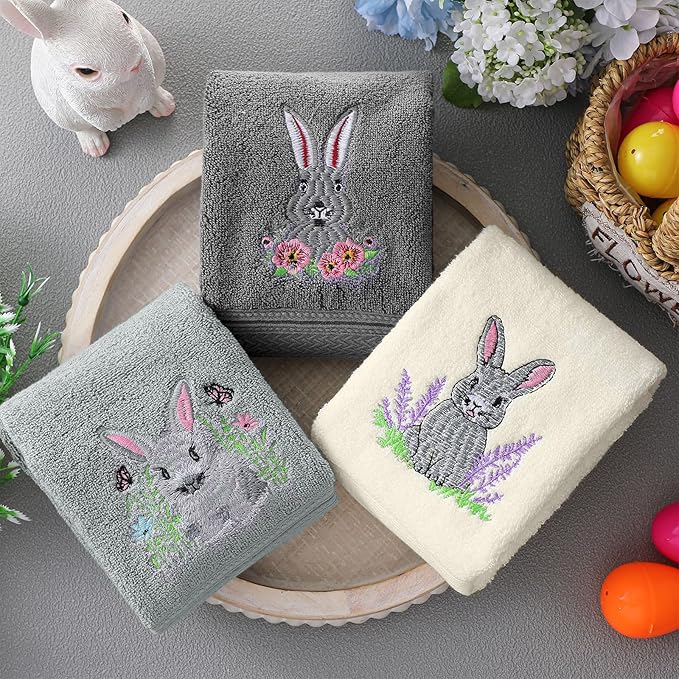 3 Pack Easter Bunny Hand Towels Farmhouse Gray Bathroom Decor 13.4 x 29.2 Inch 100% Cotton Embroidered Spring Decorative Towels Absorbent Soft for Hand Drying Cleaning Gift