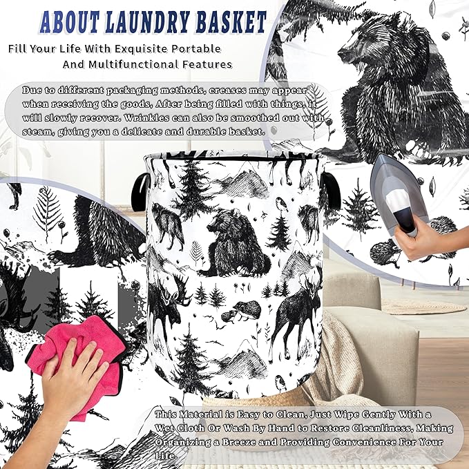 Bear Forest Deer Laundry Basket Foldable Black White Animal Laundry Hamper With Handle Oxford Cloth Portable Clothes Storage Basket Laundry Bag 18.9"x16.5" For Laundry Room/Bedroom/Bathrooms