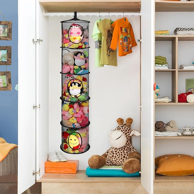 Hanging Net for Stuffed Animals, Foldable Storage Organizer 5 Compartments Toy Storage Organizer for Kid Room Toys, Gloves,Hats,Socks Storage（Black）