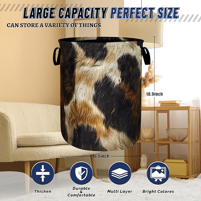 Brown Cow Skin Texture Laundry Basket Foldable Retro Animal Print Laundry Hamper With Handle Oxford Cloth Portable Clothes Storage Basket Laundry Bag 18.9"x16.5" For Laundry Room/Bedroom/Bathrooms