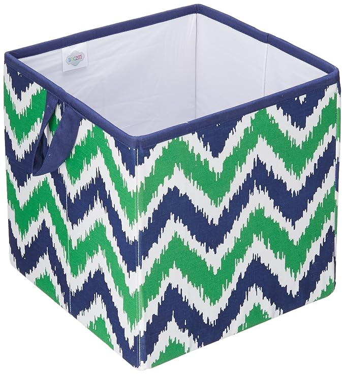Bacati - Small Storage Tote Mix N Match Ikat Chevron/Dots Navy/Green 10 x 10 x 10 inches