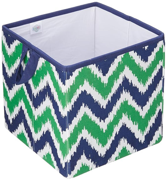 Bacati - Small Storage Tote Mix N Match Ikat Chevron/Dots Navy/Green 10 x 10 x 10 inches