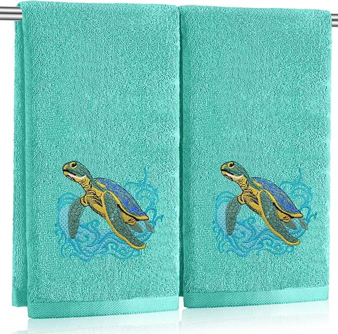 2 Pcs Sea Turtle Hand Towels Teal Bathroom Decor 14x29 Inch Embroidered 100% Cotton Soft Absorbent Spring Summer Decorative Hand Towels for Bathroom Kitchen
