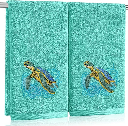 2 Pcs Sea Turtle Hand Towels Teal Bathroom Decor 14x29 Inch Embroidered 100% Cotton Soft Absorbent Spring Summer Decorative Hand Towels for Bathroom Kitchen