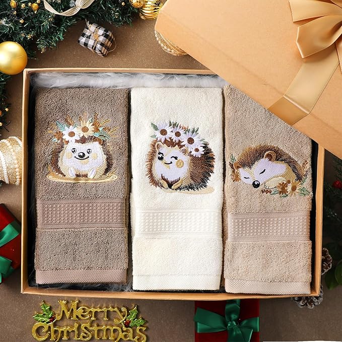 3 Pcs Hedgehog Floral Hand Towels Bathroom Decor Cute Hedgehog Gifts Decorative Farmhouse 100% Cotton Embroidered Hand Towels for Women Bathroom Kitchen 13. 3'' x 29. 5''
