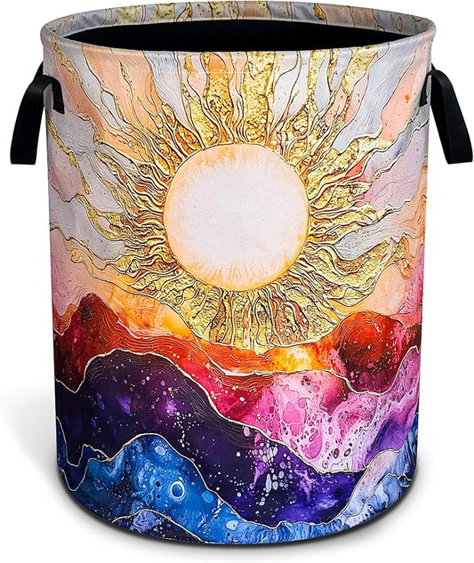 Sun Ocean Wave Laundry Basket Abstract Art Oxford Cloth Laundry Hamper Funny With Handle Foldable Portable Clothes Storage Basket 18.9 X 16.5 Storage Bag For Laundry Room/Bathroom/Bedroom/Dormitories