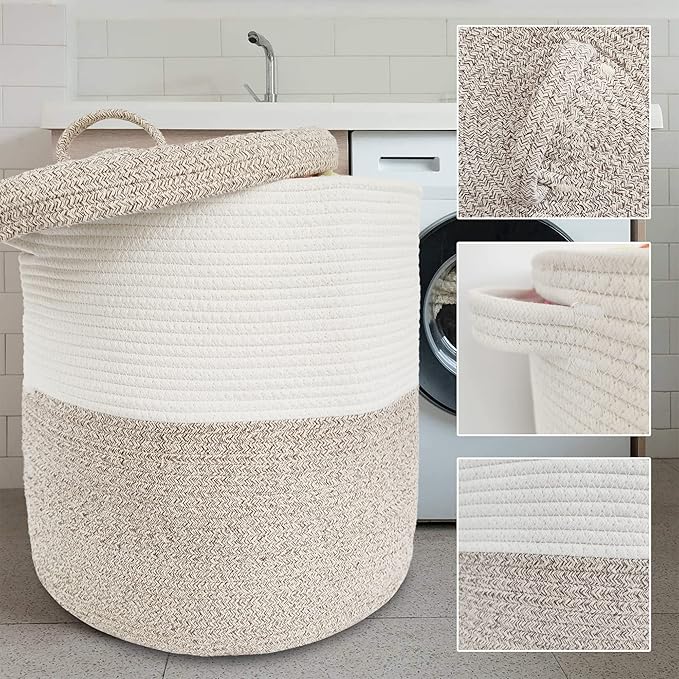Large Storage Basket with Lid 60L, 16"Wx18"H Woven Laundry Hamper Basket with Handle, Room Decor Cotton Rope Wicker Basket Toy Organizer Bins for Clothes Blankets Pillows, Beige/White Mix includes Lid