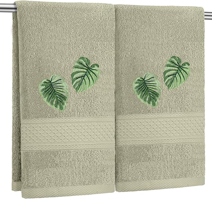 2 Pcs Tropical Palm Leaves Hand Towels Gray Green Bathroom Decor 14x29 Inch Embroidered 100% Cotton Soft Absorbent Spring Summer Washcloths Decorative Hand Towels for Bathroom Kitchen