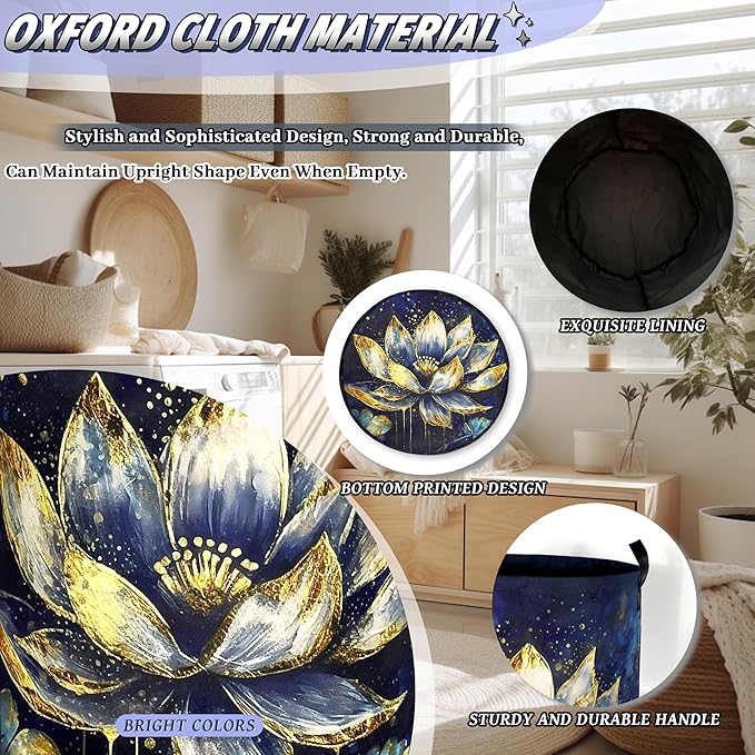 Lotus Flower Laundry Basket Foldable Watercolor Lotus Leaf Laundry Hamper With Handle Oxford Cloth Portable Clothes Storage Basket Laundry Bag 18.9"x16.5" For Laundry Room/Bedroom/Bathrooms