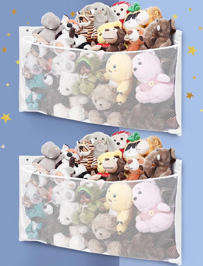 ANROYE 2PCS Large Corner Stuffed Animal Storage, Kids Plushies Toy White Wall Hammock for Girls Room, Baby Squishmallow Holder for Nursery, Organizer Idea for Bear Hanging Display Boy Gift