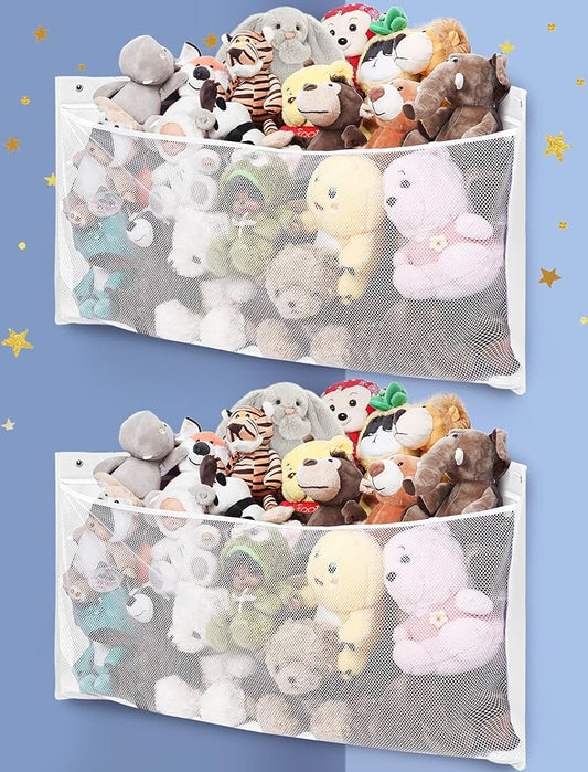 ANROYE 2PCS Large Corner Stuffed Animal Storage, Kids Plushies Toy White Wall Hammock for Girls Room, Baby Squishmallow Holder for Nursery, Organizer Idea for Bear Hanging Display Boy Gift