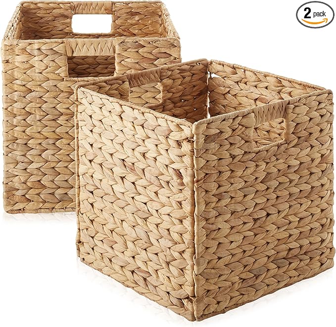 Casafield 13" x 13" Water Hyacinth Storage Baskets, Natural - Set of 2 Collapsible Cube Organizers, Woven Bins for Bathroom, Bedroom, Laundry, Pantry, Shelves