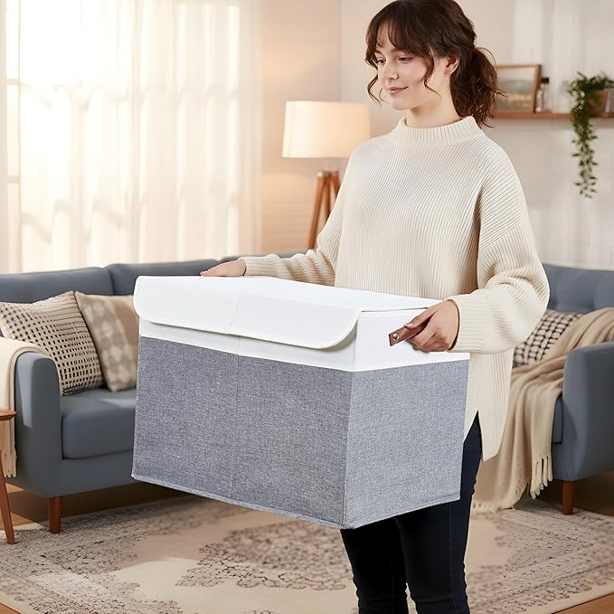 DECOMOMO Large Toy Storage Box with Lid - 25" x 12" x 16" Toy Chest Storage Bin with Divider for Kids, Nursery, Playroom (Grey & White)