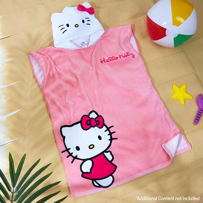 Hello Kitty Beach Towel with Hood for Girls Cinnamoroll Kuromi Kids Poncho Bath Towels Kawaii Beach Accessories Travel Essentials Girls Gifts (Pink Poncho Hello Kitty, 10-14 Years)
