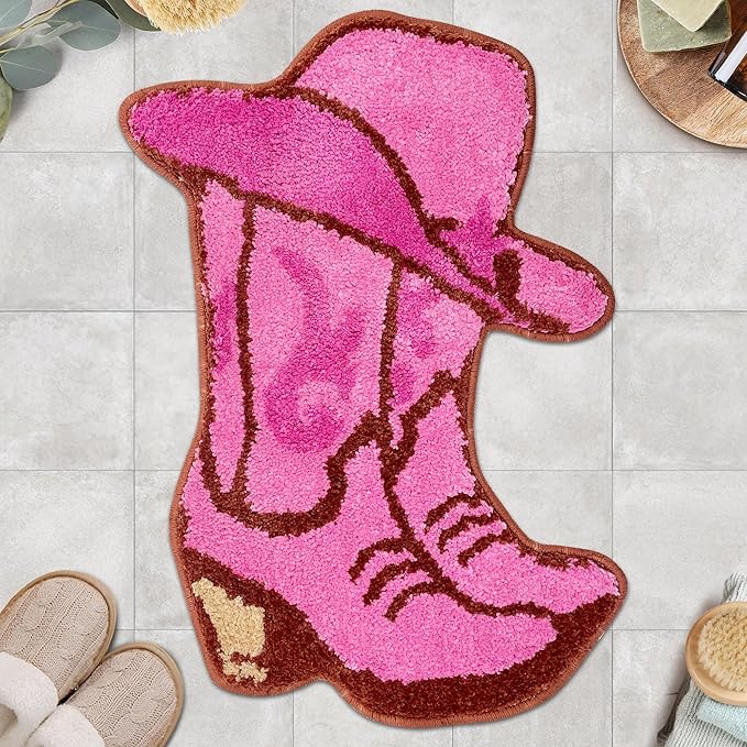 Hexagram Western Pink Cowgirl Bathroom Rug 16×24 Inch, Preppy Room Decor, Western Cowgirl Bathroom Decor, Funky Small Bath Mat Indoor, Non Slip Soft Washable Irregular Rug for Room, Bathtub, Door