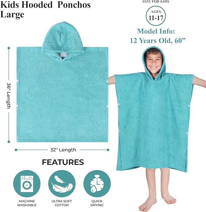 Superior Kids Cotton Terry Poncho, Soft, Absorbent Bath Towel with Hood, Bathroom Accessories, Long, Plush Bathrobes for Bath, Shower, Spa, Resort, Hotel, Beach, Pool, Boy, Girl, Large Size, Teal