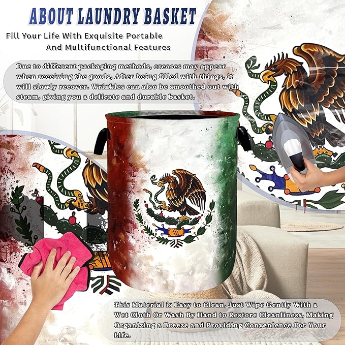 Vintage Mexican Flag Laundry Basket Oxford Cloth Foldable Mexico Laundry Hamper With Handle Portable Clothes Storage Organizer Basket 18.9 x 16.5 Inch Laundry Bag For Laundry Room/Bedroom/Bathroom