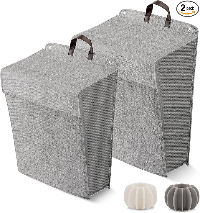 Wall Hanging Laundry Basket, Collapsible Laundry Hamper with Handle & Laundry Balls,Space-Saving Foldable Storage Dirty Washer Organizer Bin Multi-function Container Durable, Set of 2 (Grey)