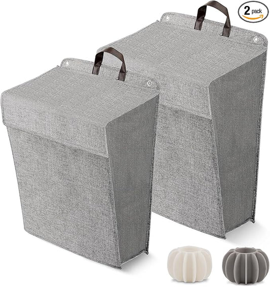 Wall Hanging Laundry Basket, Collapsible Laundry Hamper with Handle & Laundry Balls,Space-Saving Foldable Storage Dirty Washer Organizer Bin Multi-function Container Durable, Set of 2 (Grey)