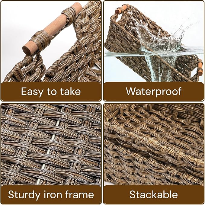 2 Pack Brown Wicker Storage Basket, Metal Frame Hand Woven Organizer Bin with Handle, 14.6" L x 10.7" W x 5" H Waterproof Rattan Laundry Organizer Totes for Pantry, Living Room, Bathroom