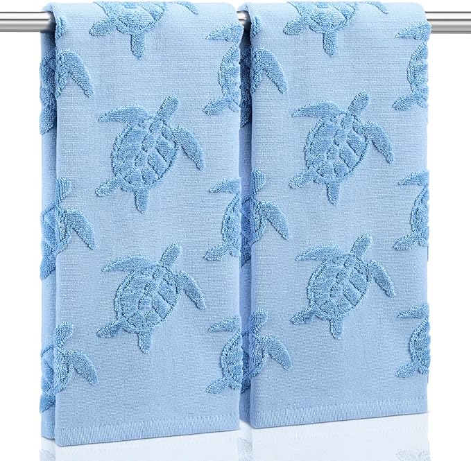 2 Pcs Sea Turtle Hand Towels for Bathroom 100% Cotton Jacquard Weave Hand Towels Ocean Blue Soft Absorbent for Spring Summer Kitchen Bathroom Home Decor, 29.5 x 13.8 Inch