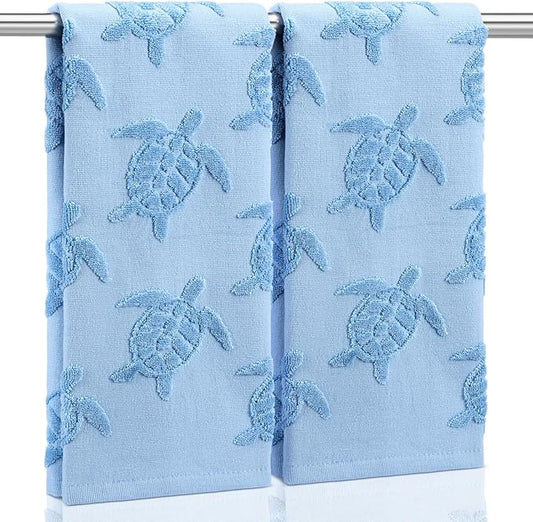 2 Pcs Sea Turtle Hand Towels for Bathroom 100% Cotton Jacquard Weave Hand Towels Ocean Blue Soft Absorbent for Spring Summer Kitchen Bathroom Home Decor, 29.5 x 13.8 Inch