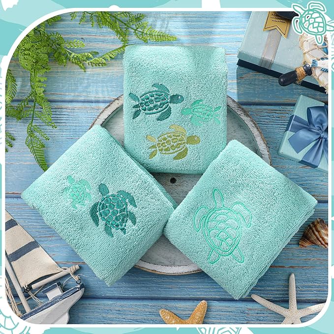 3 Pack Sea Turtle Coastal Hand Towels for Bathroom 100% Cotton Embroidered Beach Bathroom Towels 13.78 x 29.53 Inch Soft Absorbent (Green, Sea Turtles)