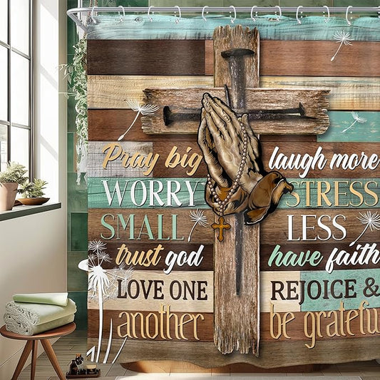 Homewelle Farmhouse Bible Verse Shower Curtain Christian Retro Rustic Wooden Prayer Scripture Inspirational Quotes 60Wx72H Inch Wood Cross Dandelion Flower Waterproof Polyester Fabric Bathroom Bathtub
