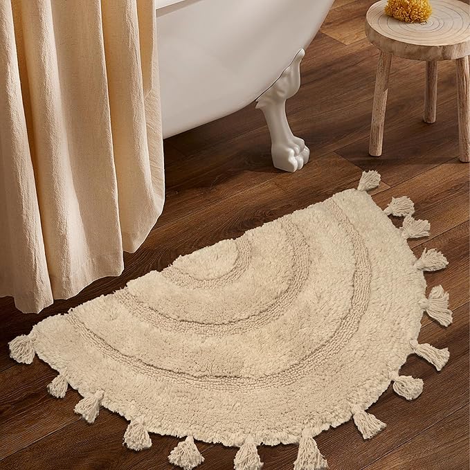 Half Circle Rug with Tassels for Boho Bedroom Decor Extra Soft 100% Cotton Hand-Woven Bath Rugs Non Slip Absorbent Crochet Rugs Machine Washable Boho Bath Mats for Bathroom Floor, Tub and Home Decor