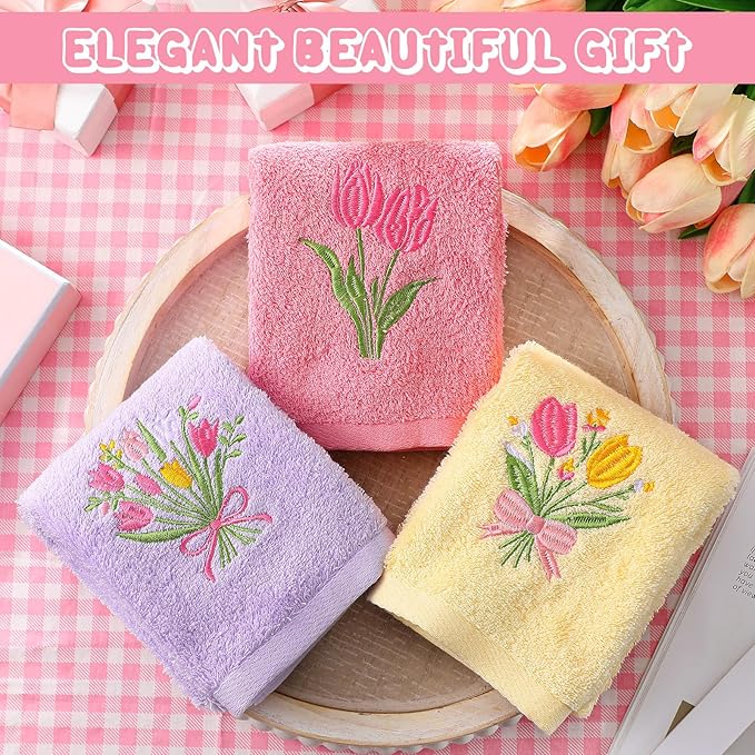 3 Pcs Tulips Bouquet Hand Towels Spring Pink Tulips Flower Bath Towels 14 x 29 Inch Floral Embroidered Decorative Cute Spring Summer Cotton Soft Absorbent Decor for Bathroom Kitchen Farmhouse