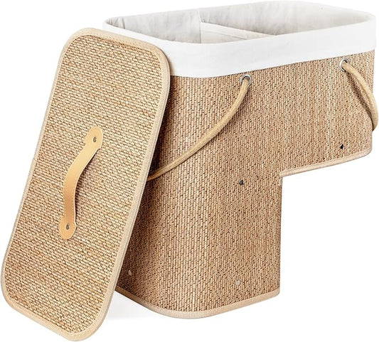 Stair Basket with Lid & Handle – Staircase Storage Basket for Wooden & Carpeted Stairs, Foldable Step Baskets for Stairs, Bamboo Storage Bin Organizer for Stair, shoes & Books (Soft Wheat)
