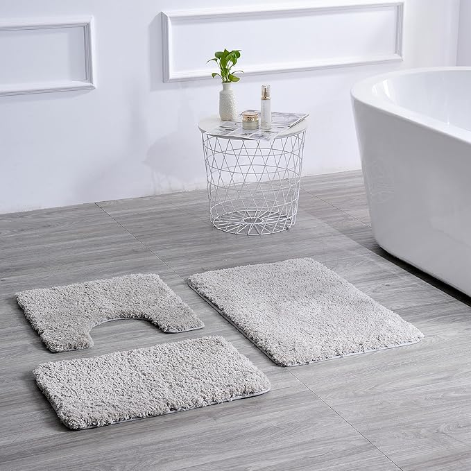 3 Pieces Luxury Bathroom Rug Set with U-Shaped Toilet Rug, Non-Slip Rubber Bottom, Thick Microfiber Fluffy Plush, Water absorption, Quick Dry, Ultra Soft, Bath Mats for Bathroom, Tub(Light Grey)
