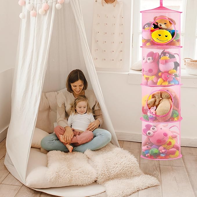 coastal rose 2Pcs Stuffed Animal Storage Foldable Stuffed Animal Net or Hammock Organizer, 4 Compartments Hanging Mesh Toy Storage Hammock for Kid Room Toys, Gloves, Hats, Socks（Pink）