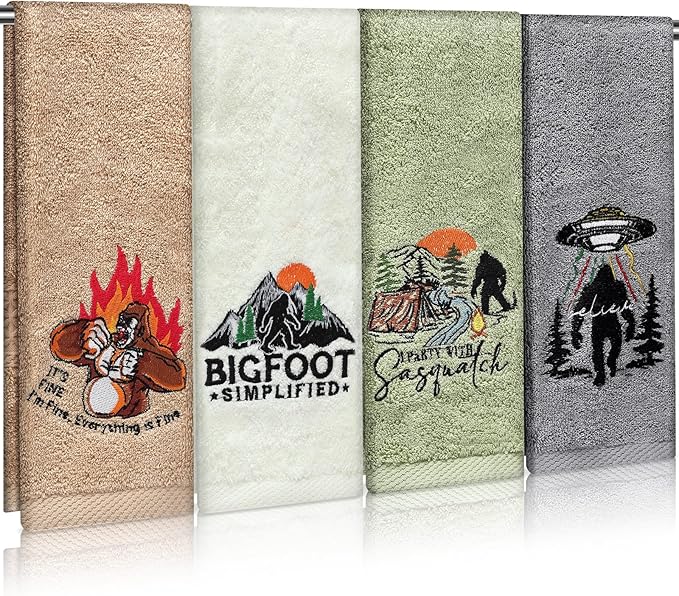 4 Pcs Bigfoot Bathroom Towels Sasquatch Hand Face Wash Towels 29" x 13" Cotton Funny Embroidered Farmhouse Decorative Bathroom for Kitchen Accessories Housewarming