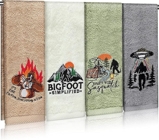 4 Pcs Bigfoot Bathroom Towels Sasquatch Hand Face Wash Towels 29" x 13" Cotton Funny Embroidered Farmhouse Decorative Bathroom for Kitchen Accessories Housewarming
