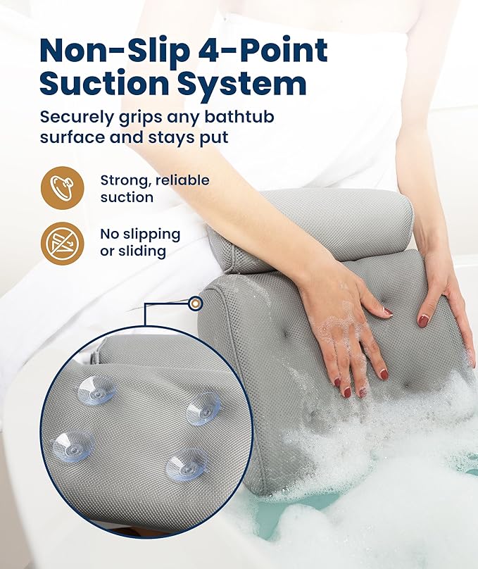 Everlasting Comfort Luxury Bath Pillow for Tub with Head & Neck Support – Non-Slip Bathtub Pillow with Suction Cups, Quick-Dry Mesh & Hook, Spa Accessory – Gray (Pack of 2)