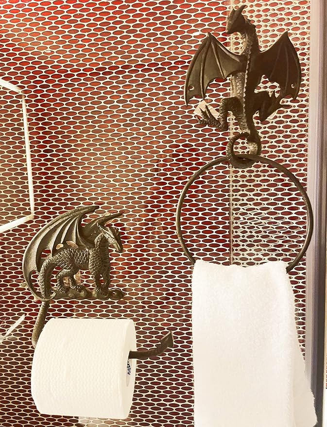 Gothic Dragon Cast Iron Toilet Paper Holder and Towel Ring Set, Wall Mounted Decorative Bathroom Accessories, 2 PCs