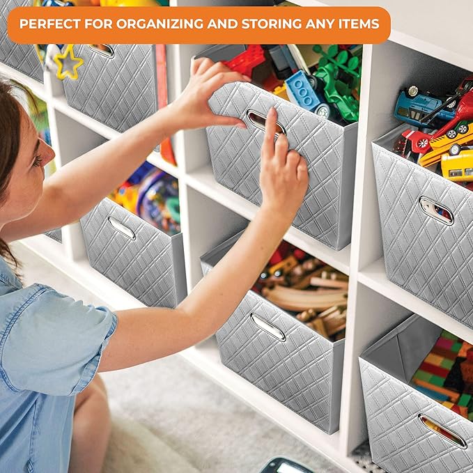 FH Group JIAessentials 12" Faux Leather Foldable Storage Cube Bins Set of 2 – Gray Diamond Patterned Organizers with Handles for Closet & Shelves