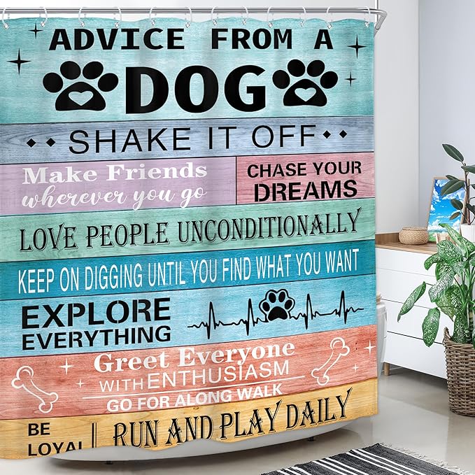 Homewelle Funny Dog Quotes Shower Curtain Rustic Wooden Farmhouse Inspirational Motivational Words Country Vintage Board Plank Cute 60Wx72H Inch Colorful Waterproof Polyester Fabric Bathroom Bathtub