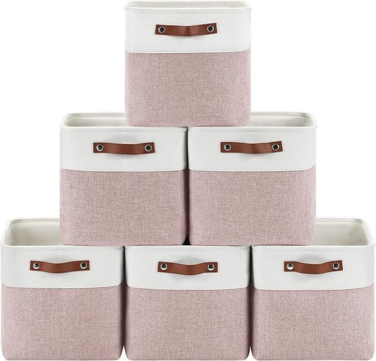 6-Pack Foldable Fabric Storage Cubes 11x11 Inch, Sturdy Cube Organizer Bins with Leather Handles, Storage Baskets for Closet Shelves and Home Organization(White/Pink)