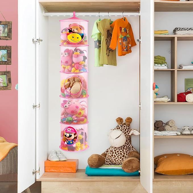 coastal rose 2Pcs Stuffed Animal Storage Foldable Stuffed Animal Net or Hammock Organizer, 5 Compartments Hanging Mesh Toy Storage Hammock for Kid Room Toys, Gloves, Hats, Socks（Pink）