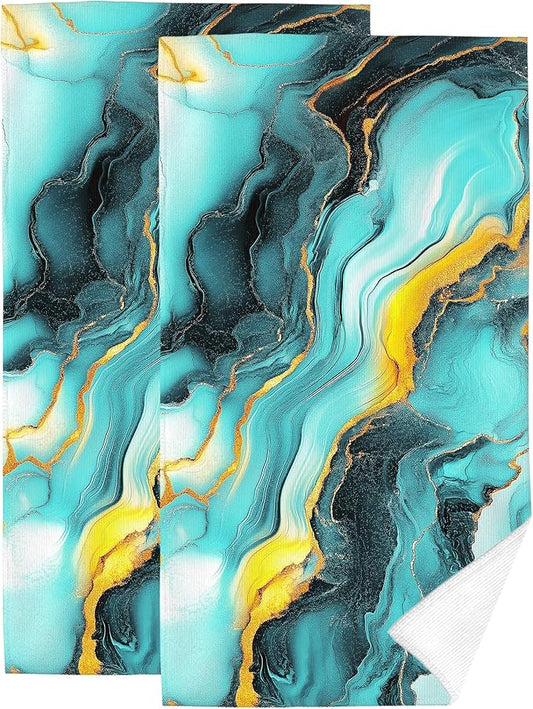 Green Teal Gold Bath Hand Towels Set of 2 Soft Absorbent Abstract Marble Texture Decorative Bathroom Hand Towels for Bathroom Kitchen Home Spa Hotel Yoga Farmhouse Decor